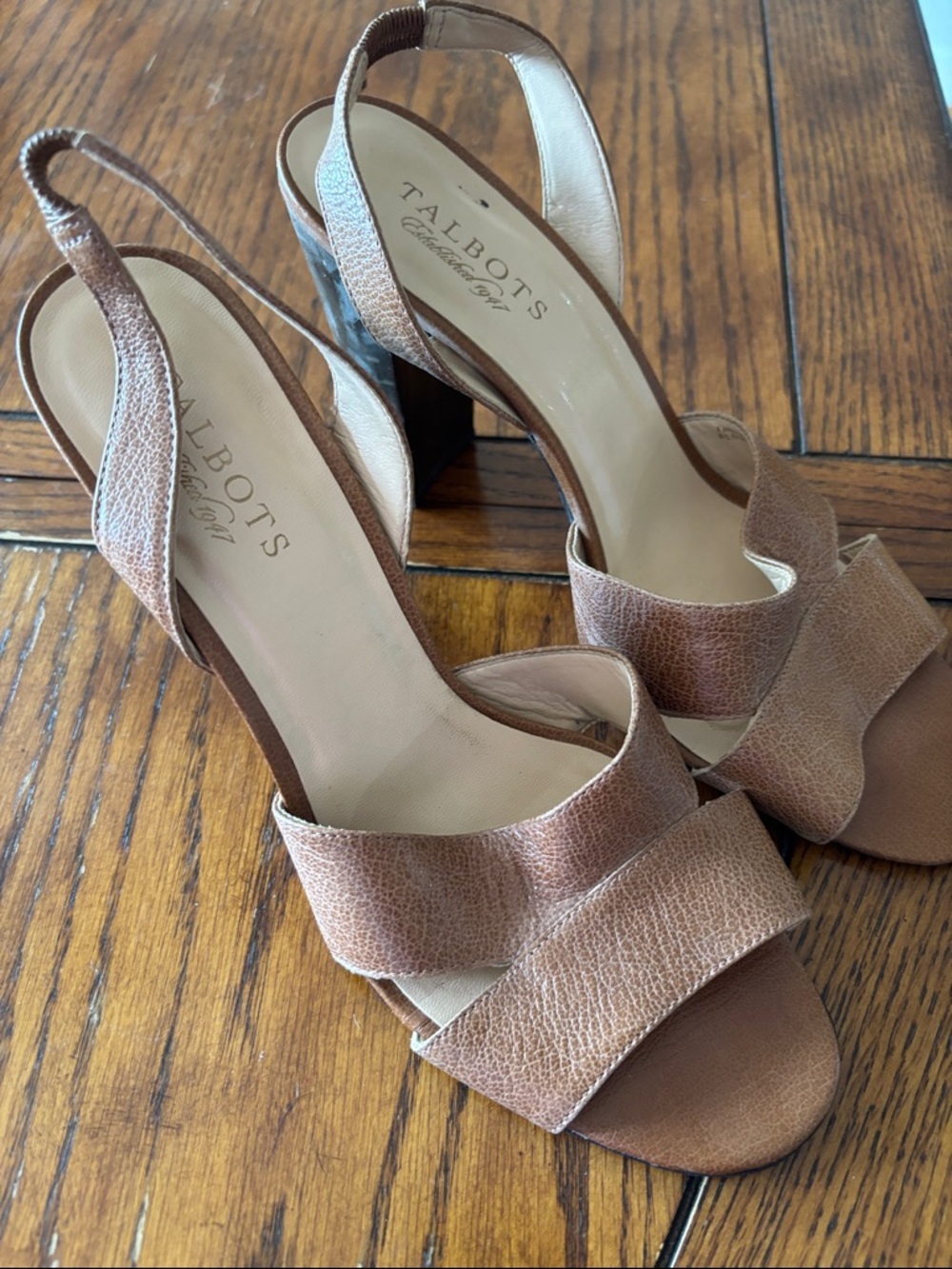 Talbots Tan/Brown Leather Slingback Block Heel Sandals